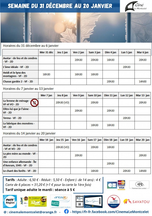 Programme du cinéma Le Montcelet du 31 décembre 2025 au 20 janvier 2026_Entre-deux-Guiers